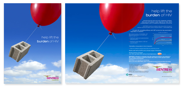 As the only integrase inhibitor, the red balloon lifts the concrete block, symbolizing efficacy with low risk of disease burden. Universal enough to have global and domestic appeal.